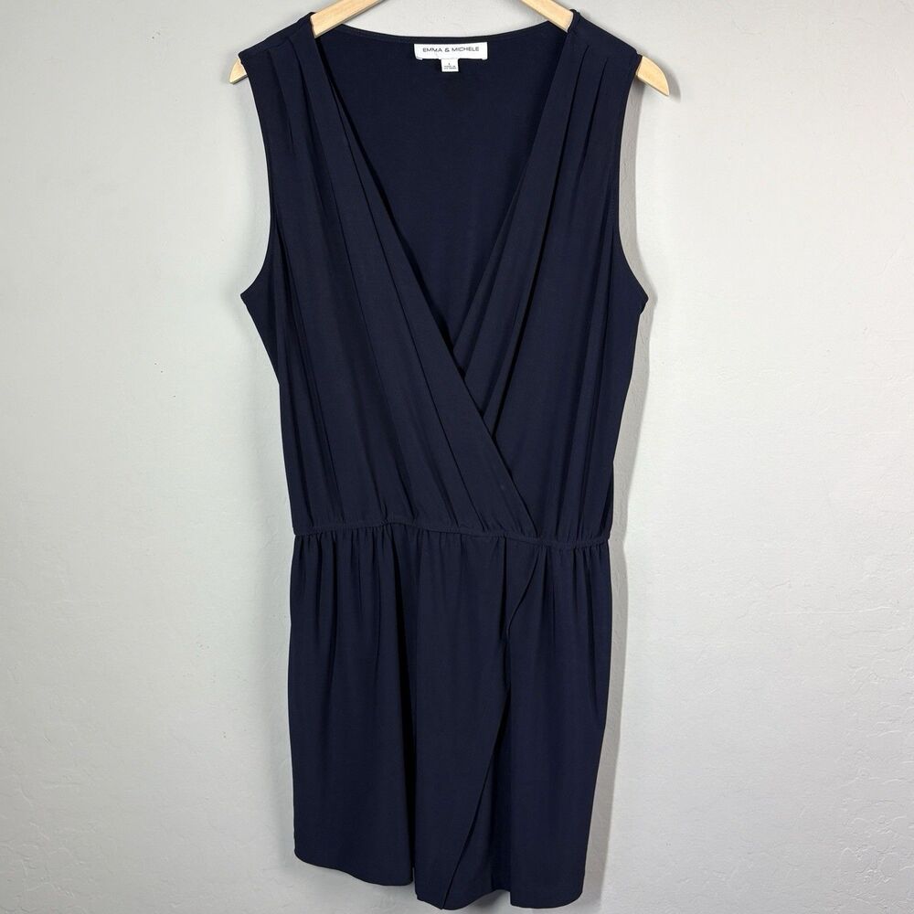 Emma Michele Romper Skort Womens L Navy Blue Faux Wrap Dress Classic Coastal